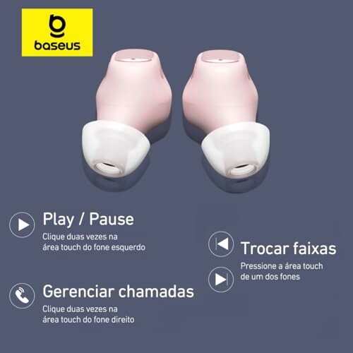 Baseus wireless earbuds with touch control instructions in Portuguese.