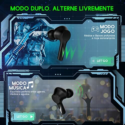 Dual mode earbuds with gaming and music options displayed.