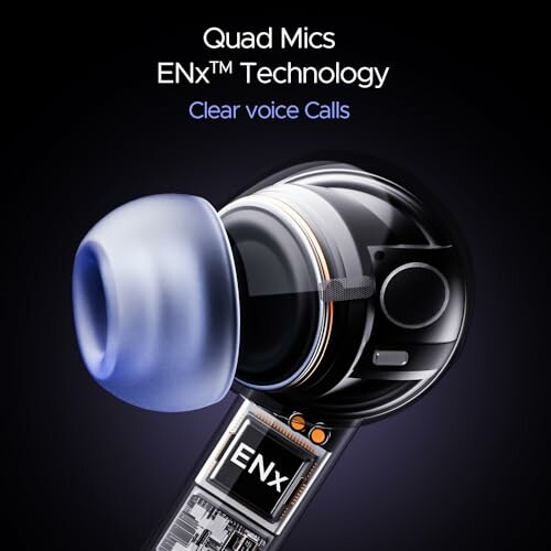 Close-up of an earbud highlighting ENx technology and quad mics for clear voice calls.