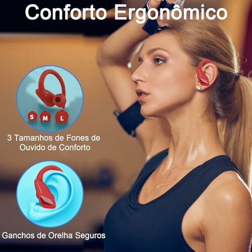 Woman wearing ergonomic earbuds with features highlighted.