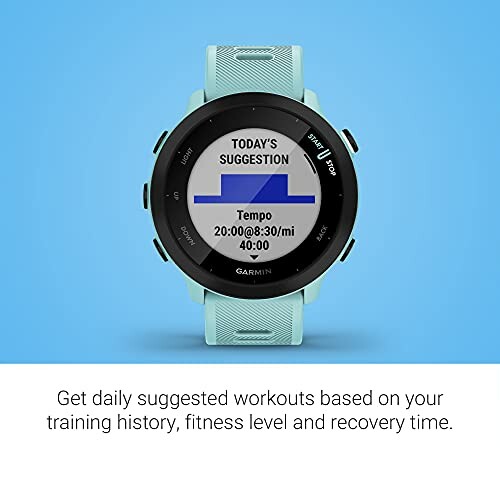 Garmin smartwatch displaying a workout suggestion on a blue background.