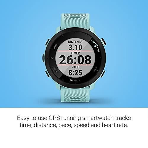 GPS running smartwatch displaying distance, timer, pace.