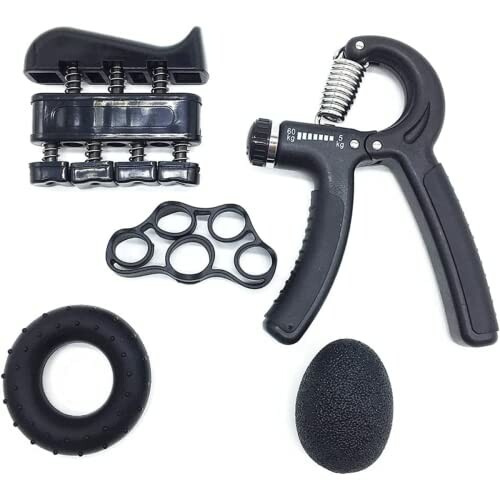 Adjustable hand grip strengthener with stainless steel spring and resistance settings.