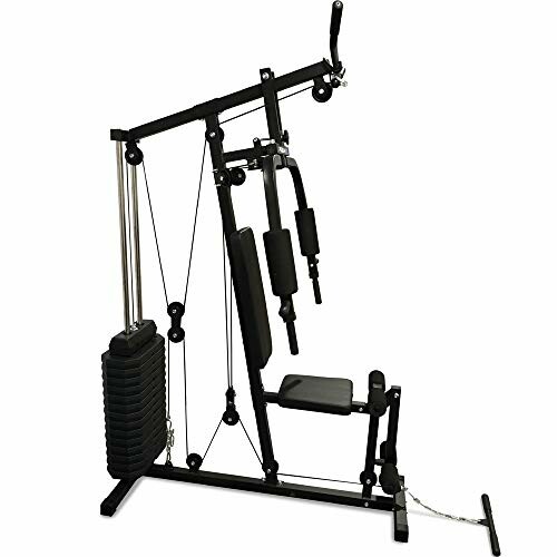 Multi-functional home gym equipment with weights and pulleys.