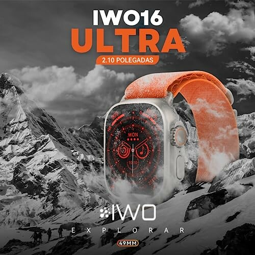 IWO16 Ultra smartwatch with orange band, mountain background.