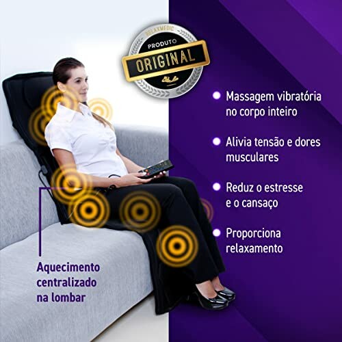 Woman using a massage chair with benefits listed: full-body vibration massage, relief of tension and muscle pain, reduces stress and fatigue, provides relaxation.