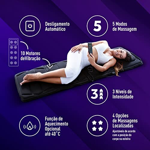 Woman relaxing on a massage mat with features listed: automatic shutdown, 5 massage modes, 10 vibration motors, 3 intensity levels, optional heating function, 4 localized massage options.