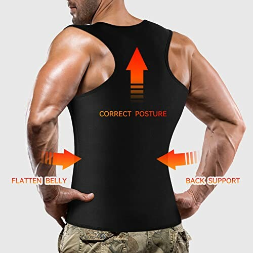 Man wearing black compression shirt for posture correction and back support.