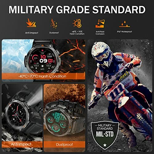 Military grade smartwatch features with anti-impact, dustproof, anti-corrosion, waterproof specifications, and images of a watch and a motorcyclist.