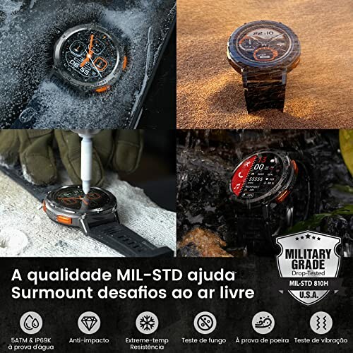 Military-grade smartwatch with durability features, showing water resistance and rugged design.