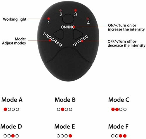 Black remote control with labeled buttons and modes.