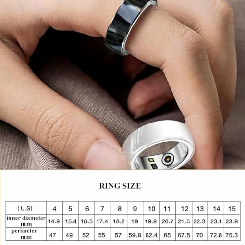 Hand holding rings with a ring size chart below.