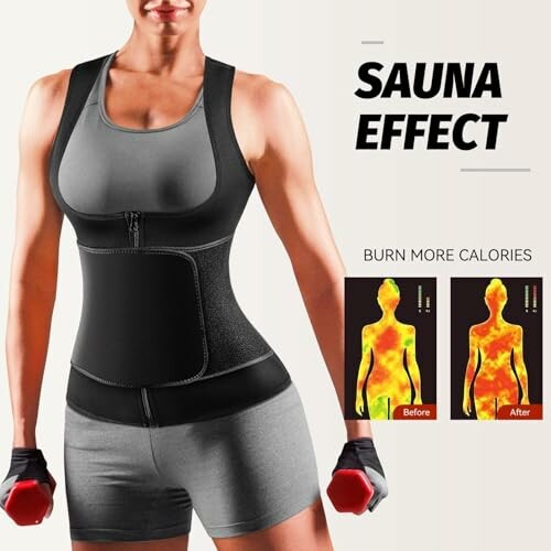 Person wearing sauna effect waist trainer holding dumbbells.