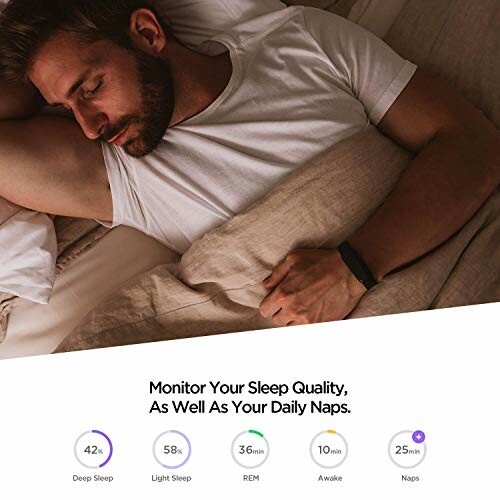 Man sleeping with sleep quality statistics displayed.