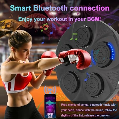 Woman boxing with smart Bluetooth connection device for music.