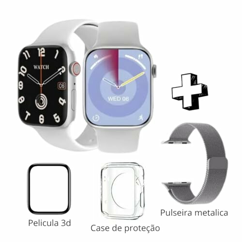 Smartwatch with straps, screen protector, and case.