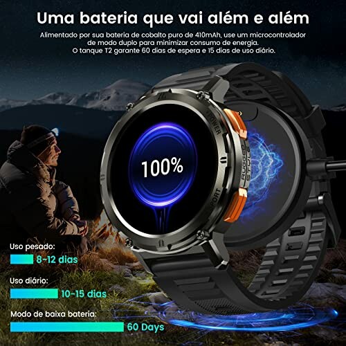 Smartwatch with long battery life display, showing 100% charge.