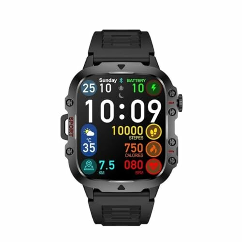 Smartwatch with colorful digital display showing time, steps, calories, and heart rate.