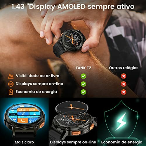 Smartwatch with AMOLED display highlighting always-on visibility and energy savings.