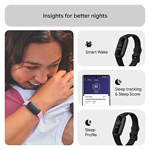 Woman wearing smartwatch with sleep tracking features.