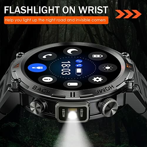 Smartwatch displaying apps with flashlight feature.