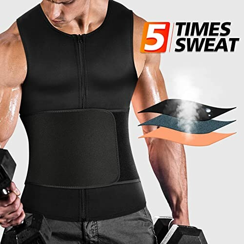 Man wearing a sweat-enhancing vest holding dumbbells with '5 times sweat' text