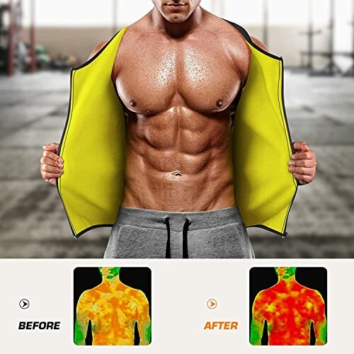 Person showcasing a sweat vest with before and after thermal images