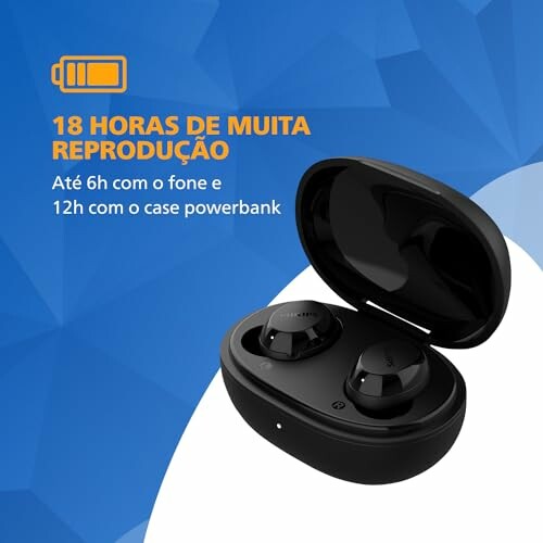 Wireless earbuds with charging case on a blue background highlighting 18 hours of playback