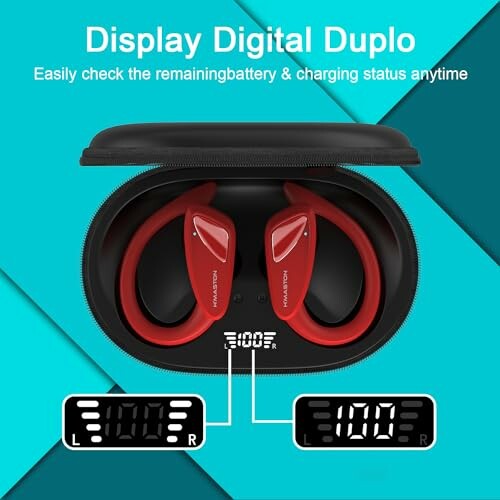 Wireless earbuds in charging case with digital display showing battery status.