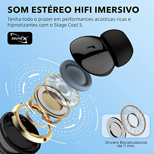 Exploded view of wireless earbuds showing internal components and features.