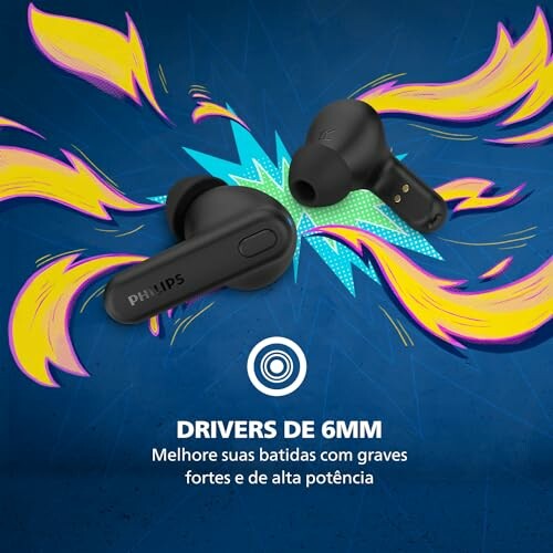 Black wireless earbuds with colorful background and text in Portuguese