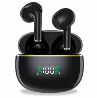 Black wireless earbuds in a charging case with LED display.