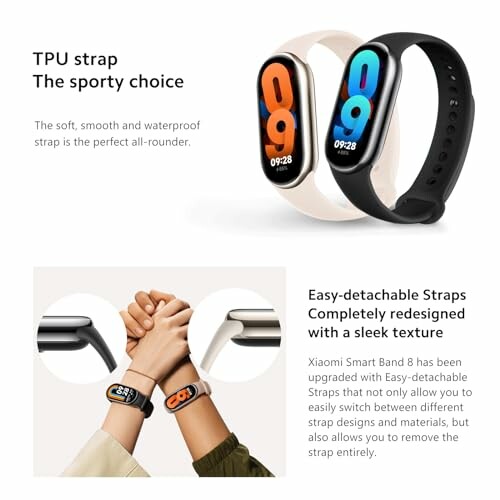 Xiaomi Smart Band 8 with TPU strap and easy-detachable design.